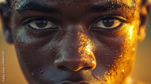 Close-up of a sweaty face bathed in golden sunlight. . photo