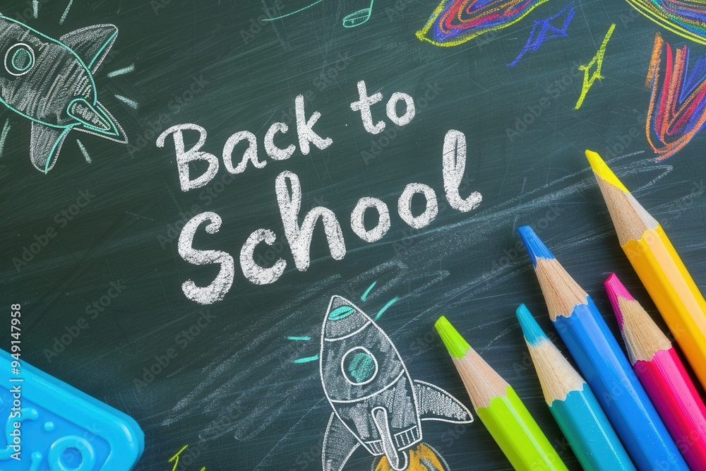 Green Chalkboard with a rocket drawing and Green Chalkboard with a rocket drawing and