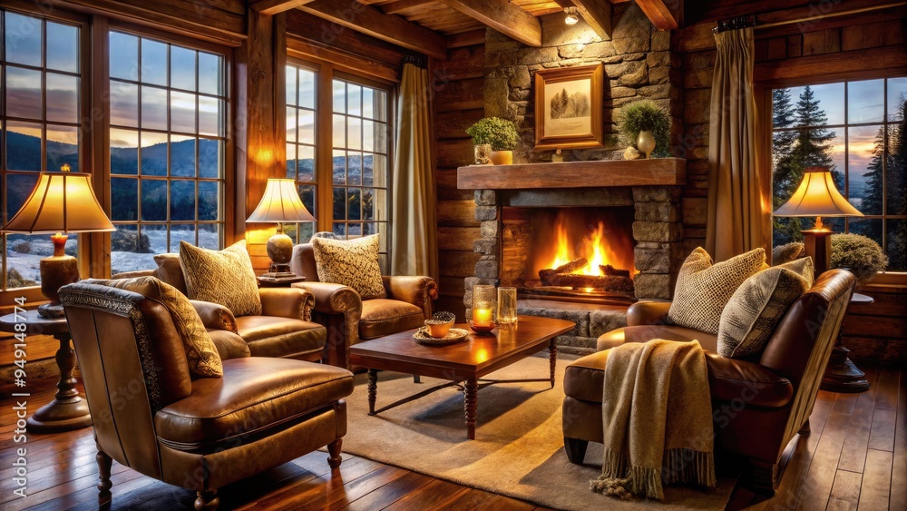 Warm golden light emanates from a crackling fire, casting a cozy glow on plush armchairs, rich wood accents, and sumptuous throws in a rustic winter haven. Warm golden light emanates from a crackling fire, casting a cozy glow on plush armchairs, rich wood accents, and sumptuous throws in a rustic winter haven.