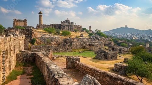 Ancient ruins atop a hill under a bright blue sky in India