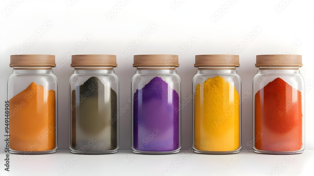 Colorful Glass Jars Filled with Various Spices and Condiments Arranged in a Still Life Display Colorful Glass Jars Filled with Various Spices and Condiments Arranged in a Still Life Display