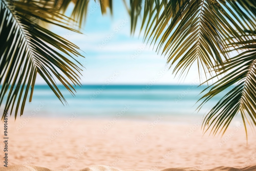 Fototapeta premium Beautiful summer background with palm leaves, sandy beach, and blurred sea view, ideal for vacation themes. Captured with a Nikon D850.