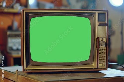 1970s TV with green screen for video isolated on white background Vintage TVs from 1960s to 2000s