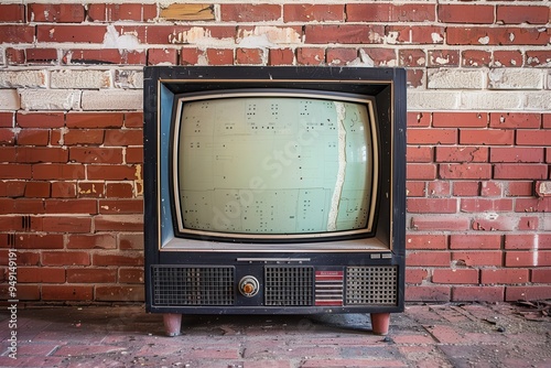 An old black TV with a white screen against a brick wall through the decades photo