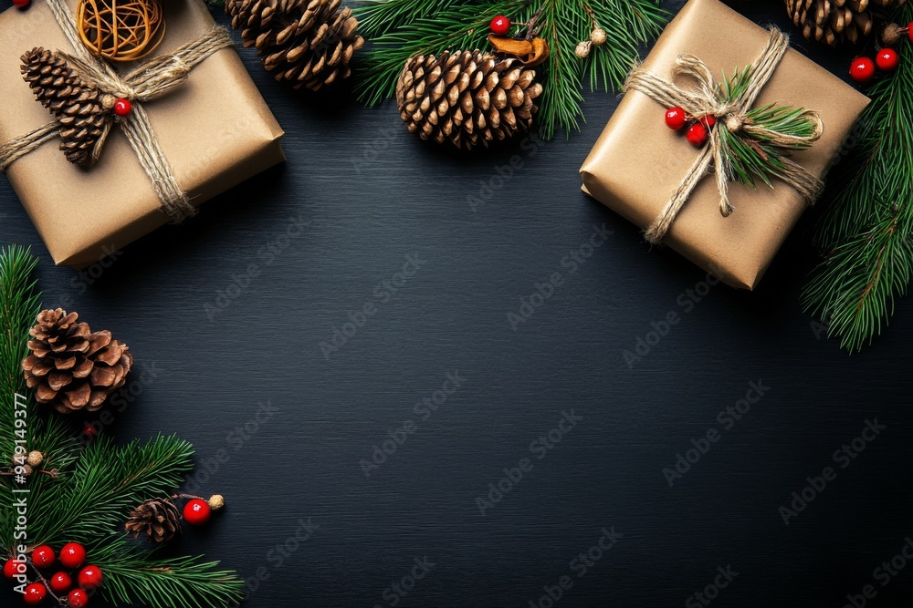 Festive Christmas Background with Gifts, Pine Cones, and Decorations on a Black Wooden Table, Perfect for Holiday Messages or Marketing Banners Festive Christmas Background with Gifts, Pine Cones, and Decorations on a Black Wooden Table, Perfect for Holiday Messages or Marketing Banners