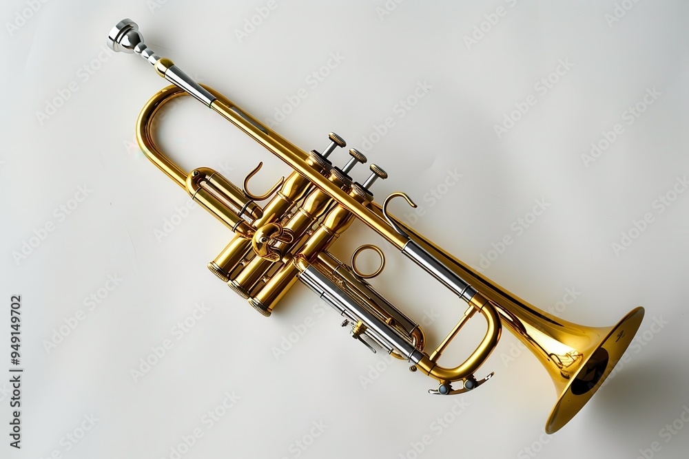 Obraz premium Bird s eye view of trumpet on white surface