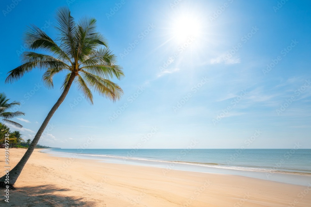 Serene Tropical Beach Scene with Palm Trees, Clear Blue Sky, and Calm Ocean Waves Under the Bright Sun, Perfect for Travel Marketing and Vacation Brochures Serene Tropical Beach Scene with Palm Trees, Clear Blue Sky, and Calm Ocean Waves Under the Bright Sun, Perfect for Travel Marketing and Vacation Brochures