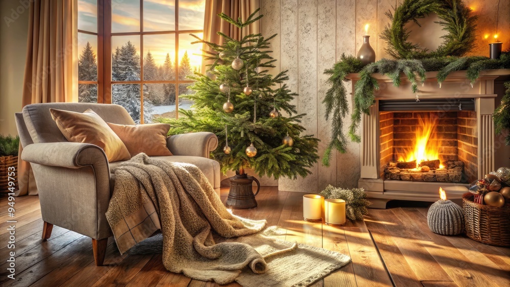 Fototapeta premium Warm sunlight illuminates a rustic living room with a crackling fireplace, plush throw blankets, and festive evergreen branches, evoking a sense of winter coziness and tranquility.