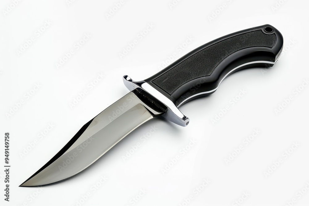 Black handled knife against white backdrop Black handled knife against white backdrop
