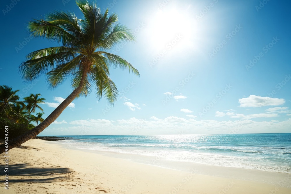 Serene Tropical Beach Scene with Palm Trees, Clear Blue Sky, and Calm Ocean Waves Under the Bright Sun, Perfect for Travel Marketing and Vacation Brochures Serene Tropical Beach Scene with Palm Trees, Clear Blue Sky, and Calm Ocean Waves Under the Bright Sun, Perfect for Travel Marketing and Vacation Brochures
