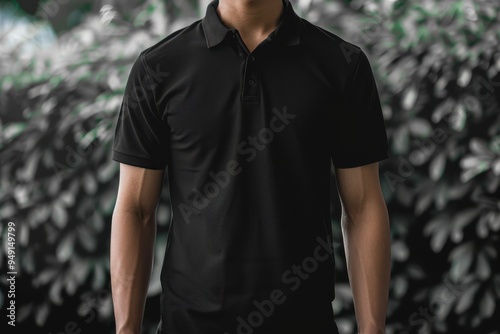 Black polo shirt worn by person for graphic design preview