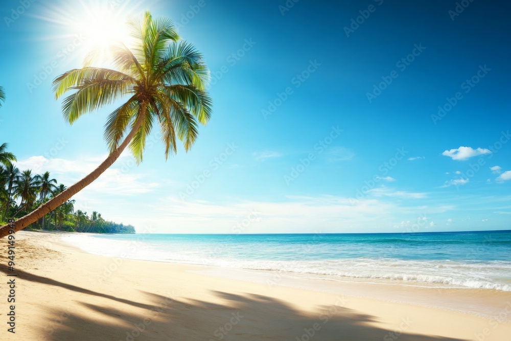 Obraz premium Serene Tropical Beach Scene with Palm Trees, Clear Blue Sky, and Calm Ocean Waves Under the Bright Sun, Perfect for Travel Marketing and Vacation Brochures
