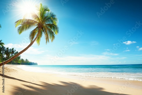 Serene Tropical Beach Scene with Palm Trees, Clear Blue Sky, and Calm Ocean Waves Under the Bright Sun, Perfect for Travel Marketing and Vacation Brochures