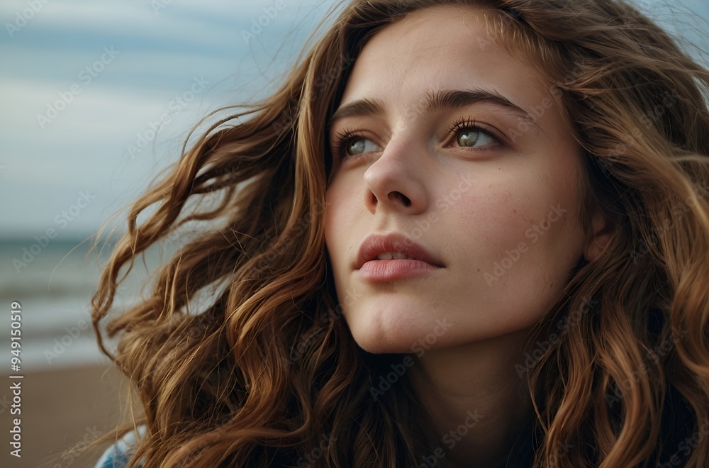 Young Woman with Wavy Hair Reflecting on a Beach - Natural Beauty and Tranquility Young Woman with Wavy Hair Reflecting on a Beach - Natural Beauty and Tranquility