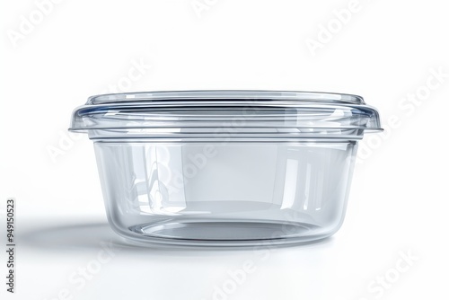 Clear food container with plastic lid on white background