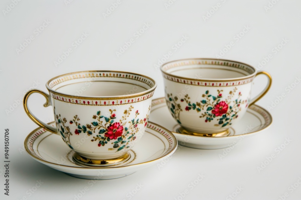 Close up of antique tea cup and saucer with flower design and gold trim on white background Close up of antique tea cup and saucer with flower design and gold trim on white background