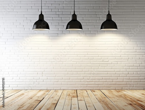 Modern Minimalist Interior with White Brick Wall, Hanging Lamps, and Wooden Floor, Featuring a Black Ceiling Light for a Stylish Home or Studio Design