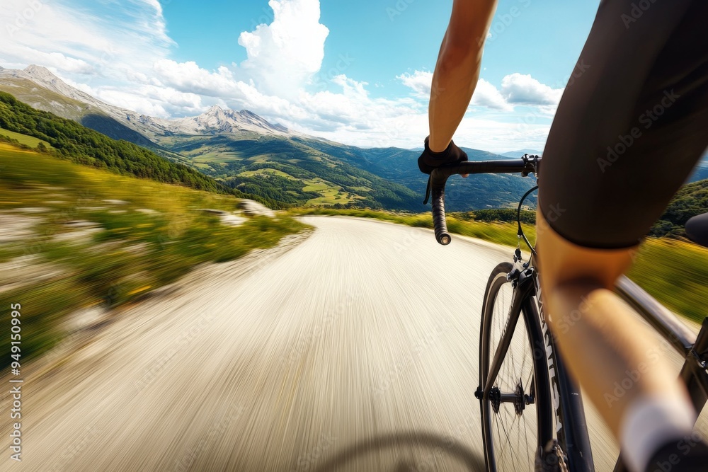 Naklejka premium Close-Up of a Cyclist Riding on a Road with Mountain Background, Captured with Motion Blur for Dynamic Movement, High-Resolution Stock Photo Style Depicting Outdoor Adventure and Fitness
