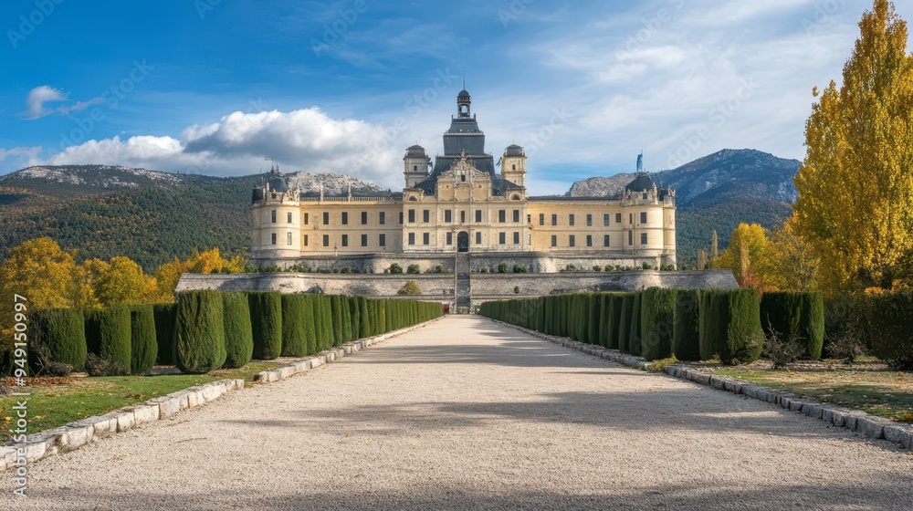 Obraz premium Historic castle surrounded by autumn trees on a sunny day in Spain