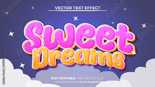 Vector colorful sweet dreams editable 3d style text effect style with cloud background