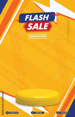 flash sale discount portait template banner with blank space 3d podium for social media post product sale with abstract gradient yellow background design10 photo