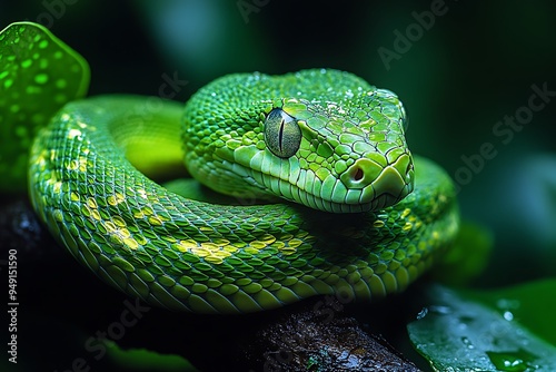 A green mamba coiled on a branch, showcasing its sleek and deadly beauty.