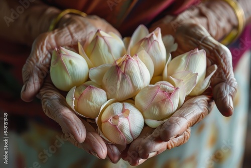 Elderly woman s hand making lotus petals for Buddha photo