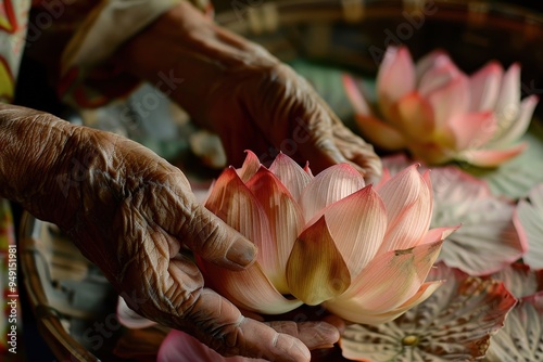 Elderly woman folded lotus petals for Buddha s prayer photo