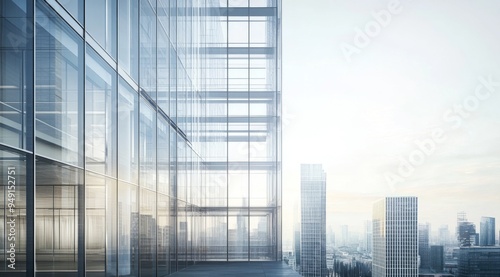 Panoramic view of a modern office building with glass walls and contemporary architecture against a cityscape, featuring clear skies and soft lighting for a futuristic feel.
