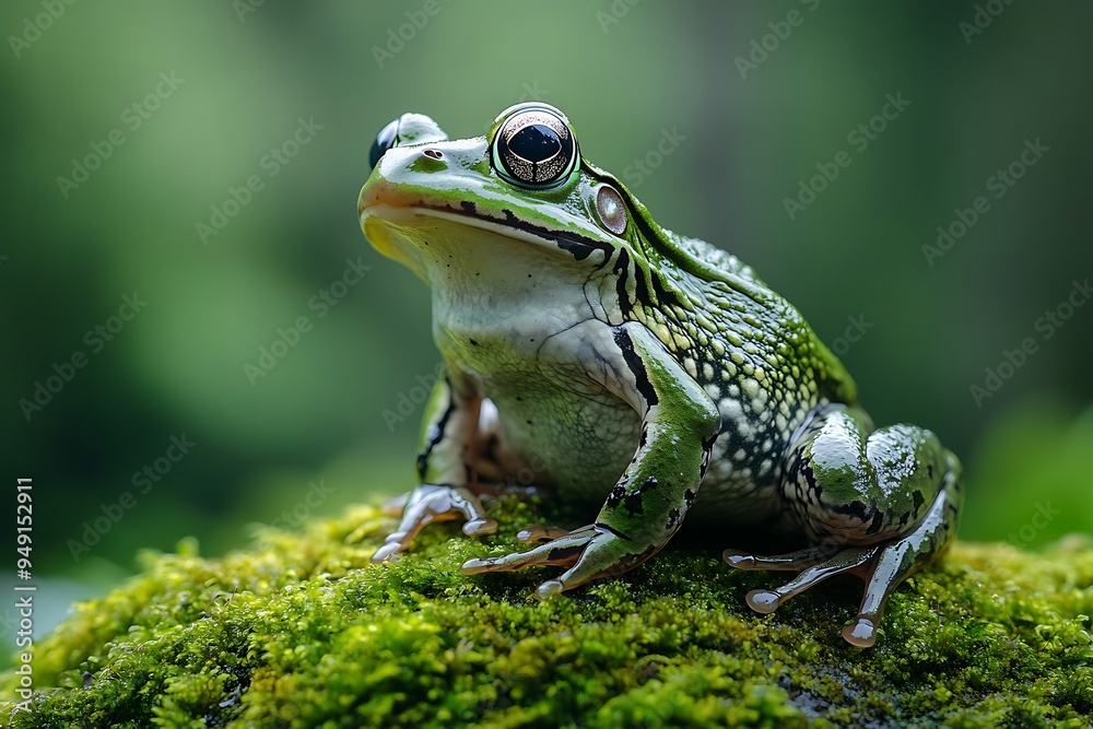 Fototapeta premium A solitary frog finds peace on a mossy log in a tranquil swamp.