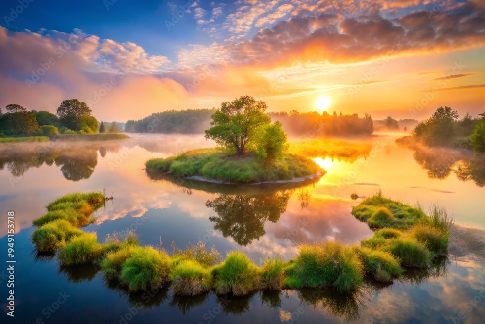 Lake Maarsseveen with a misty veil of fog crawling across the surface of the water, illuminated by the warm, golden light of sunrise. Lake Maarsseveen with a misty veil of fog crawling across the surface of the water, illuminated by the warm, golden light of sunrise.