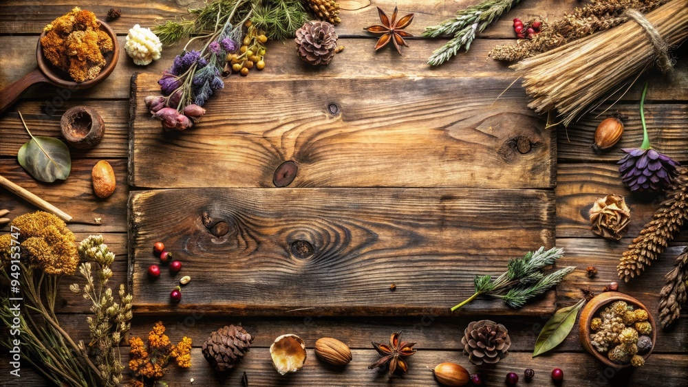 Weathered wooden board with rustic texture and worn edges, adorned with dried botanicals and surrounded by earthy elements, evoking a natural, vintage atmosphere. Weathered wooden board with rustic texture and worn edges, adorned with dried botanicals and surrounded by earthy elements, evoking a natural, vintage atmosphere.