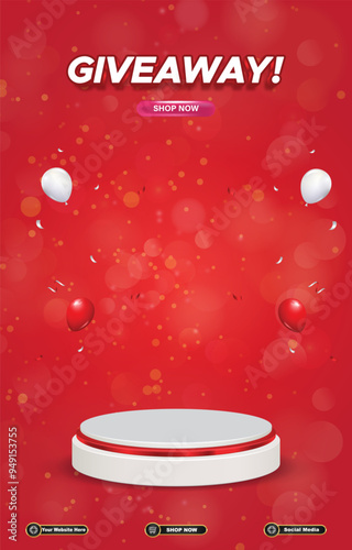 giveaway sale discount portait template banner with blank space 3d podium for social media post product sale with abstract gradient red background design36