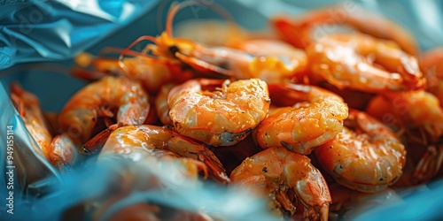 Close up of precooked and frozen shrimp in a blue plastic bag Freeze dried seafood Selective focus
