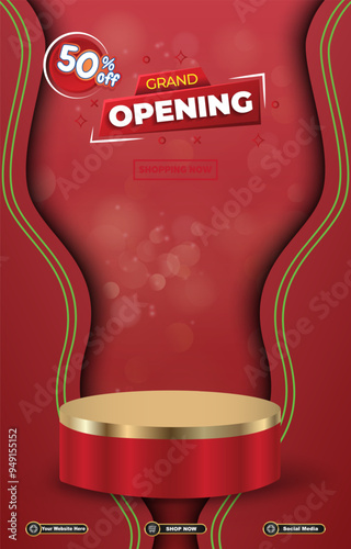 grand opening sale discount portait template banner with blank space 3d podium for social media post product sale with abstract gradient red background design15