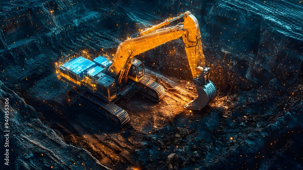 Heavy equipment digging out a large plot of land, depth of excavation visible, tech overlay showing real-time data, hyper-realistic style, natural light with shadows Heavy equipment digging out a large plot of land, depth of excavation visible, tech overlay showing real-time data, hyper-realistic style, natural light with shadows