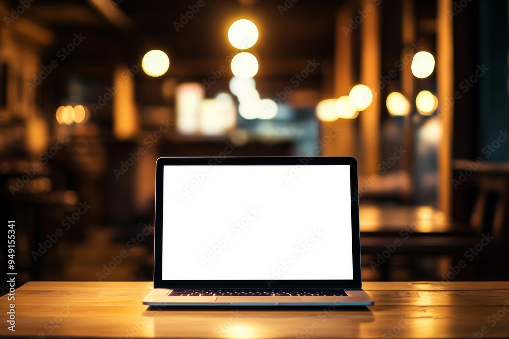 Laptop with a blank white screen on a wooden table in a warm-toned coffee shop, featuring a bokeh background and soft shadows for an advertising-inspired mockup. Laptop with a blank white screen on a wooden table in a warm-toned coffee shop, featuring a bokeh background and soft shadows for an advertising-inspired mockup.