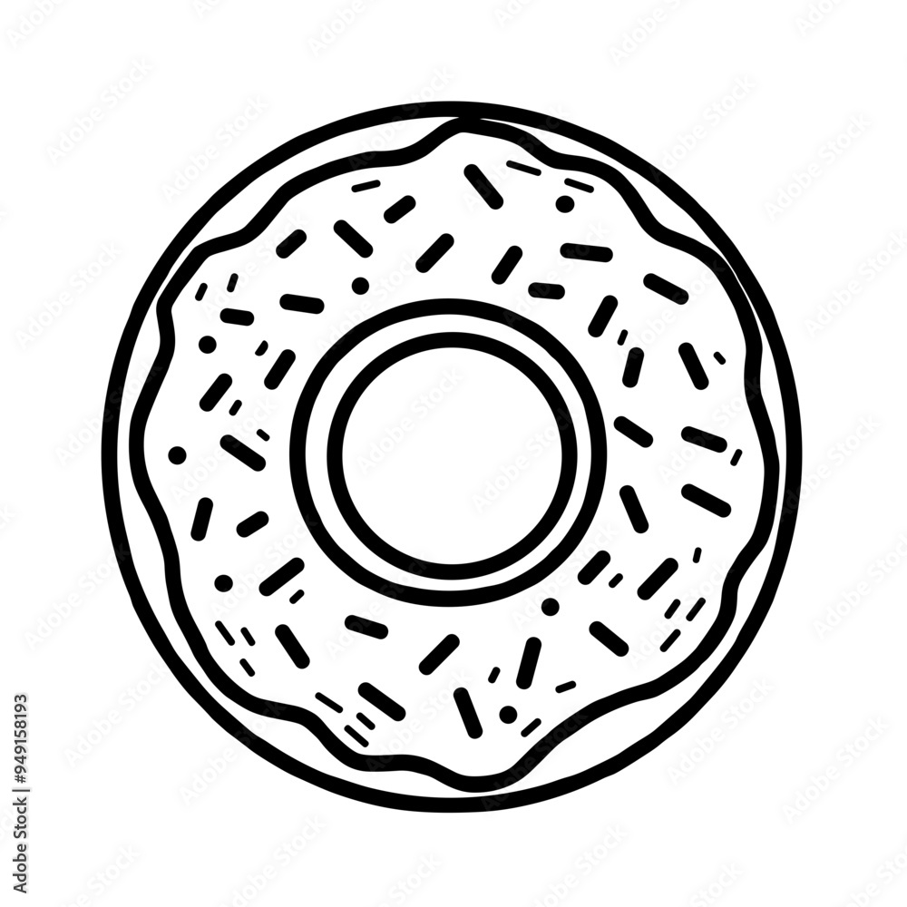 This design showcases a circular donut adorned with vibrant sprinkles, emphasizing its delightful texture and appealing shape. Perfect for dessert lovers