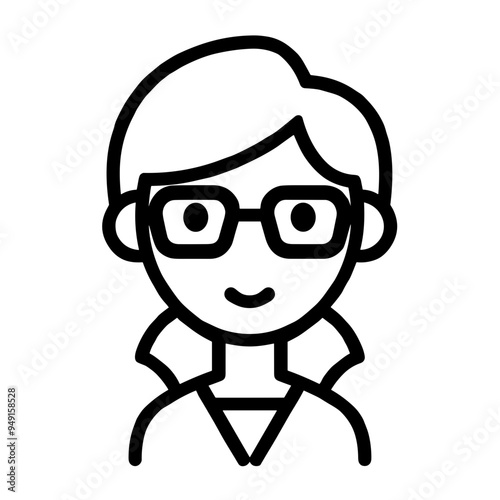 A cheerful woman with glasses is smiling while dressed in a collared shirt. This illustration captures a friendly and approachable vibe perfect for various uses