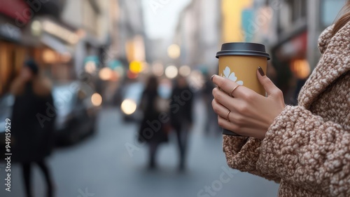 Wallpaper Mural A stylish person holding a reusable coffee cup on a busy street, front view, promoting eco-conscious habits, futuristic tone, Triadic Color Scheme Torontodigital.ca