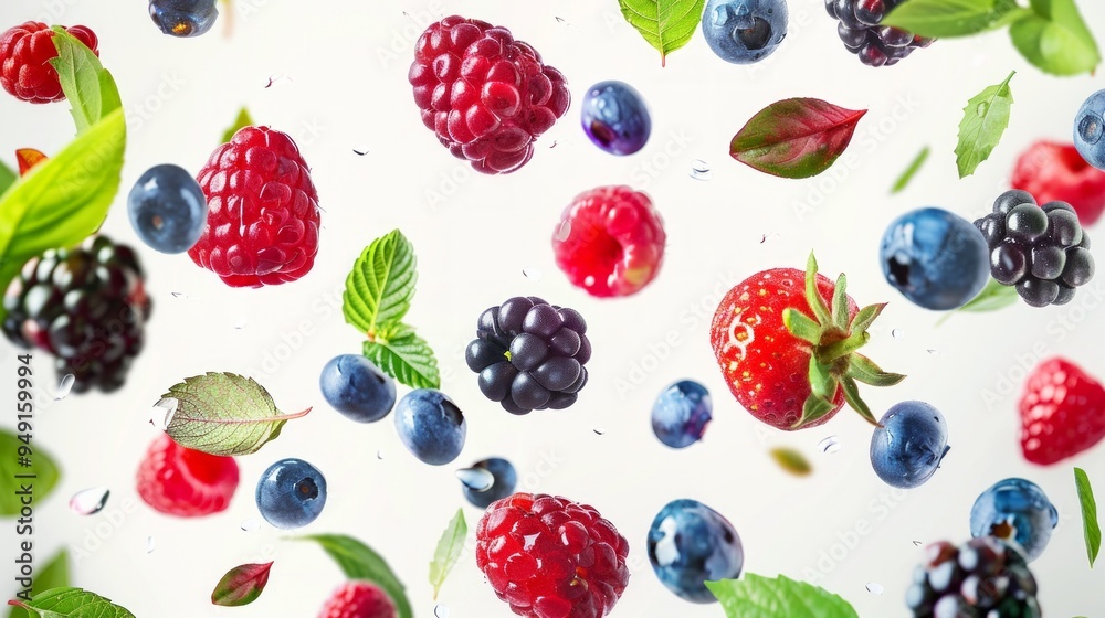 Colorful berries and fresh leaves scattered freely create an inviting and vibrant display. This image showcases a dynamic, artistic style perfect for food blogs or fruit advertisements. AI Colorful berries and fresh leaves scattered freely create an inviting and vibrant display. This image showcases a dynamic, artistic style perfect for food blogs or fruit advertisements. AI