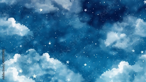 Watercolor painting texture background of night sky with clouds and stars
