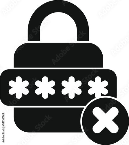 Simple vector icon of a black padlock with a wrong password attempt symbol, representing a security breach