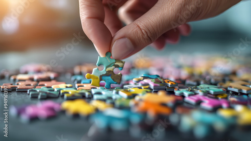 Colorful Puzzle Piece Being Assembled by Hand