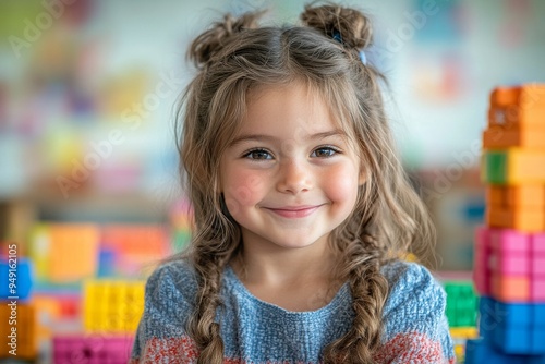 Smiling young girl with braids playing with colorful blocks in a cozy playroom