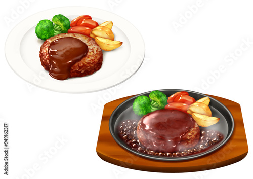 ベクター　ハンバーグ  付け合わせ　皿　鉄板