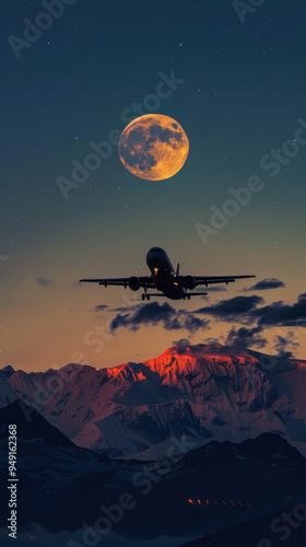 Generate stunning, highly-detailed images of full moon In the Andes Mountains tragedy airplane at night, sunset