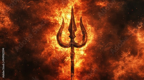 Trishula (trident) with a flaming background, symbolizing the power and protection of Lord Shiva in Hindu belief. photo