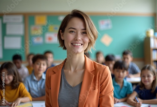 Positive learning environment with white brunette female teacher on World Teachers' Day