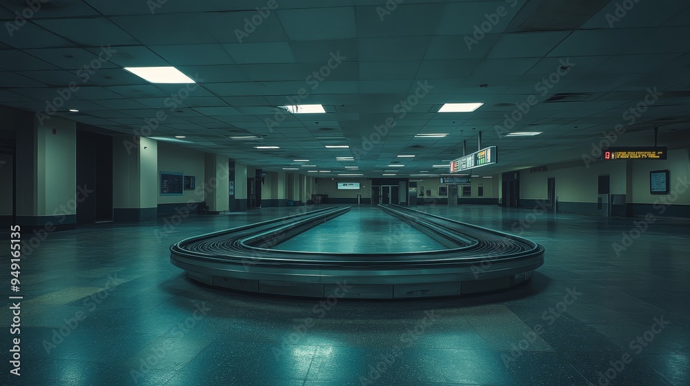 Abandoned baggage claim at a small airport, midnight gloom, conveyor belts still, an unsettling silence fills the space, dim lighting Abandoned baggage claim at a small airport, midnight gloom, conveyor belts still, an unsettling silence fills the space, dim lighting